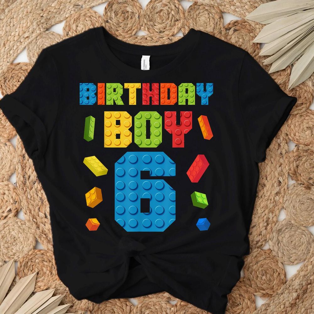 Building Bricks 6th Birthday Boy 6 Six Year Master Builder Shirt Unisex Standard T-Shirt black s